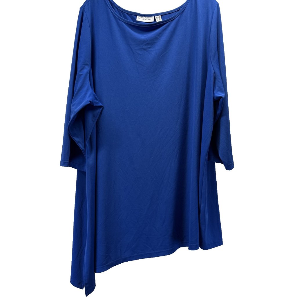 Susan Graver Women's Top 2x Royal Blue Asymmetrical Hem Side Slit Liquid Knit